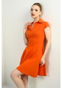 Resim Kadın Polo Yaka Ay Kollu Likralı Kloş Kısa Elbise-40679 Oranj 