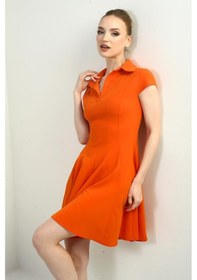 Resim Kadın Polo Yaka Ay Kollu Likralı Kloş Kısa Elbise-40679 Oranj 