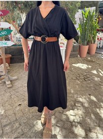 Resim WeShaya Siyah Kruvaze Kemerli Midi Elbise Siyah 