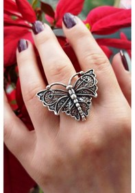 Resim Kelebek Şekilli Kadın Yüzük Gümüş Kaplama Ayarlanabilir El Yapımı Kadın Yüzük 