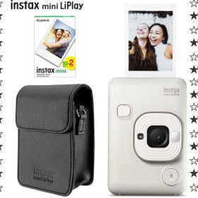 Resim Instax mini LiPlay Hybrid Misty White Fotoğraf Makinesi 20'li Film ve Deri Kılıf Hediye Seti 