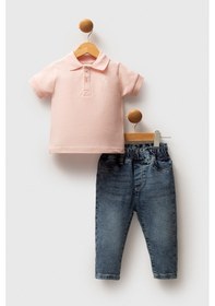 Resim U.S. Polo Assn. Kız Bebek Somon %100 Pamuk Polo Yaka Tişört Jean Pantolon Takım 2'li 50322909-VR047 