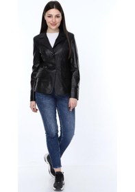 Resim Deriwork Hakiki Deri Siyah Düğmeli Silva Kadın Ceket Siyah 