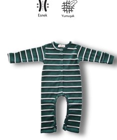 Resim Baby Boroosh Yeşil Çizgili Patiksiz Esnek Bebek Tulumu 