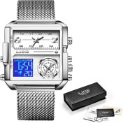 Resim Hanyang Örgü Gümüş Beyaz Lıge Mavi Saatler Erkekler Üst Marka Lüks Kuvars Kare Erkekler Kol Saati Moda Su Geçirmez Spor Yaratıcı Saat Erkek Kronograf (Yurt Dışından) 