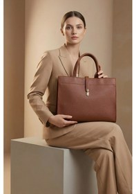 Resim Kadın Taba Evrak Çantası Kilitli 3 Bölmeli Ayarlanabilir Askılı Taba 