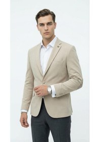 Resim Plus Scorpion Erkek Kolu Yamalı Blazer Ceket Taş Renk, İtalyan Kesim Slim Fit, Şık Tasarım Taş 