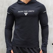 Resim Erkek Reflektörlü Kapüşonlu Atletik Tişört - Push The Limits Grafikli, Slim-Fit Uzun Kollu Antrenman Üstü, Tam Fermuarlı Tasarım & Tam Fermuarlı Ön Kapanış, İlkbahar/Sonbahar Antrenman Giyim, Spor Salonu Giyim, İlkbahar Sonbahar Giyim 