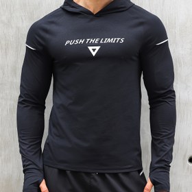 Resim Erkek Reflektörlü Kapüşonlu Atletik Tişört - Push The Limits Grafikli, Slim-Fit Uzun Kollu Antrenman Üstü, Tam Fermuarlı Tasarım & Tam Fermuarlı Ön Kapanış, İlkbahar/Sonbahar Antrenman Giyim, Spor Salonu Giyim, İlkbahar Sonbahar Giyim 