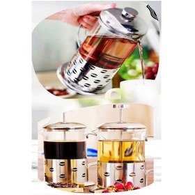 Resim French Press Bitki Çayı Demliği 600 ml Çelik Dekor Gövdeli Kulplu Ölçü Kabı Cam French Press Kahve Metal 