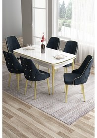 Resim Canisa Tia Serisi 80x132 Açılabilir Mdf Beyaz Gold Detay Mutfak Masa Takımı Ve 6 Antrasit Sandalye Masa Beyaz Sandalye Antrasit 