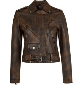 Resim Newage Kadın Kahverengi Slim-Fit Biker Deri Ceket - Kahverengi / 
