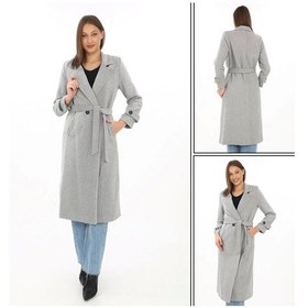 Resim Kadın Astarlı Balık Sırtı Kaşmir Kaşe Kaban - Gri Siyah 