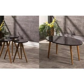 Resim Uslucan Alışveriş Zigon Sehpa Ve Orta Sehpa Set Ahşap Torna Elips Siyah Mermer Desen Çok Renkli 