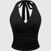 Resim Kadınların Zarif Halter Yaka Üstü, Grunge Punk Y2K Stili, Düz Renk, Polyester %90 Elastan %10, Bahar/Yaz Koleksiyonu, Bağcıklı Detay, Örgü Kumaş, 210g/m² Ağırlık 