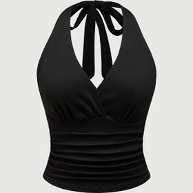 Resim Kadınların Zarif Halter Yaka Üstü, Grunge Punk Y2K Stili, Düz Renk, Polyester %90 Elastan %10, Bahar/Yaz Koleksiyonu, Bağcıklı Detay, Örgü Kumaş, 210g/m² Ağırlık 