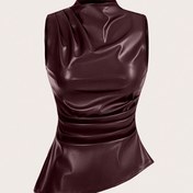 Resim Kadınlar için Rahat Moda 90'lar Tarzı Sokak Fotoğrafçılığı Bahar ve Sonbahar Düz Renk Katlanabilir Yaka PU Kolsuz Üst, Dışarı Çıkma İçin Uygun, Bahar, Yaz ve Sonbahar İçin Uygun. 