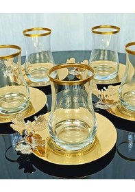 Resim Assa Bazaar Yeni Model 6 Kişilik Gold Çay Seti Cam Bardak & Tabak & Kaşık Takımı Altın 