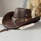 Resim Boğa Başlı Tokalı, Perçinli, Geniş Kenarlı Batı Kovboy Şapkası, Unisex İlkbahar/Yaz/Sonbahar Dış Mekan Caz Şapkası 