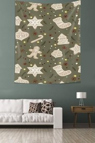Resim Pelangi Yılbaşı Kurabiyeleri Kardan Adam Çam Ağaç Desen Leke Tutmaz Kumaş Duvar Örtüsü Duvar Halısı Tapestry PNTR133, 100 x 140 