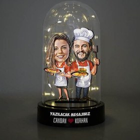 Resim Aşçı Çiftler Karikatürlü Işıklı Fanus Biblo 