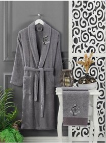 Resim Aile Kadın Erkek Havlulu Bornoz Takımı Gri - Pembe 4 Parça 