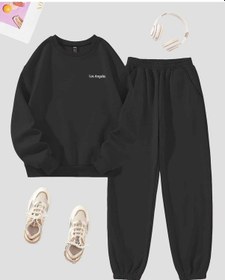 Resim Los Angeles Minimal Eşofman Takımı Sweatshirt Jogger - Siyah Baskılı Oversize Şardonlu Bisiklet Yak Siyah 