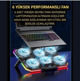 Resim Polham 6 Fanlı Rgb Işıklı Laptop Soğutucu Stand, 7 Kademeli Yükseklik Ayarlı 2400rpm Süper Soğutucu Stand 