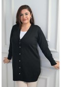 Resim Kadın Kolları Düğme Detaylı Soğuk İplik Büyük Beden Uzun Hırka-41892 Siyah 