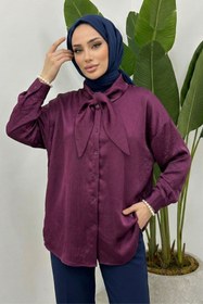 Resim adamila Kadın Mürdüm Fiyonk Detaylı Saten Oversize Tesettür Tunik Gömlek Uzun Kollu Şık Günlük Trend Tunik 