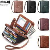Resim RFID korumalı kısa cüzdan - Fermuarlı ve bileklikli büyük kapasiteli vintage bozuk para cüzdanı - Erkek ve kadınlar için çoklu kart yuvası kredi kartı çantası çok fonksiyonlu fermuarlı cüzdan kartlık kimlik pencereleri ile 