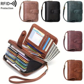 Resim RFID korumalı kısa cüzdan - Fermuarlı ve bileklikli büyük kapasiteli vintage bozuk para cüzdanı - Erkek ve kadınlar için çoklu kart yuvası kredi kartı çantası çok fonksiyonlu fermuarlı cüzdan kartlık kimlik pencereleri ile 