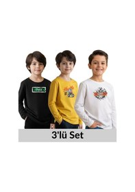 Resim Panios Kids 3'lü Yuvarlak Yaka Baskı Detaylı Erkek Çocuk Sweatshirt Çok Renkli 