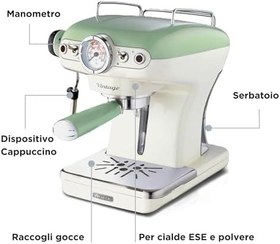 Resim Ariete Vintage Espresso Makinesi Yeşil 1389/14 - Süt Köpürtme Başlığı, 900 Watt, 0,9 Litre Çıkarılabilir Su Tankı, Çıkarılabilir Damlama Tepsisi ve Bardak Tutucu, Bekleme Fonksiyonu 