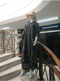Resim İtalyan Gömlek Yaka Uzun Kol Dijital Çiçek Baskılı Keten Elbise-pantolon 2'li Takım Antrasit 