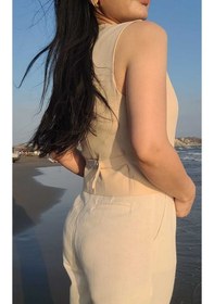 Resim Nevege Butik Nevege Kadın V Yaka Dokuma Astarlı Düğmeli Kısa Yelek-krem111 Bej 