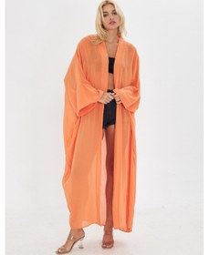 Resim Kutaf Turuncu Uzun Yumusak Ipek Karısımlı Kimono / Beachwear Turuncu 