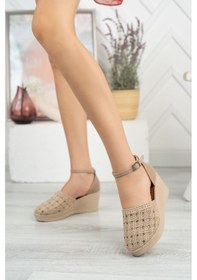 Resim EPAAVM - Dolgu Taban Ekose Örgü Taşlı Ten Karnıyarık Ayakkabı... Ten Rengi 