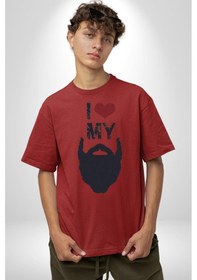 Resim Sakalımı Seviyorum Berber Pamuklu Bisiklet Yaka Unisex Oversize Boyfriend Dijital Baskılı Kırmızı T-shirt Kırmızı 