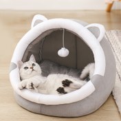 Resim Gri Kedi Kulaklı Düşen Top Oyuncaklı 1 Parça Dönüştürülebilir Kedi Yatağı, Polyester Lif Malzeme, Küçük ve Orta Boy Kediler ve Köpekler İçin Rahat Açık Tavanlı Yuva, Tüm Mevsimler İçin Kapalı Uyuma Alanı 