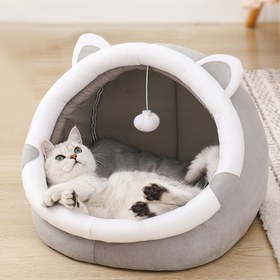Resim Gri Kedi Kulaklı Düşen Top Oyuncaklı 1 Parça Dönüştürülebilir Kedi Yatağı, Polyester Lif Malzeme, Küçük ve Orta Boy Kediler ve Köpekler İçin Rahat Açık Tavanlı Yuva, Tüm Mevsimler İçin Kapalı Uyuma Alanı 