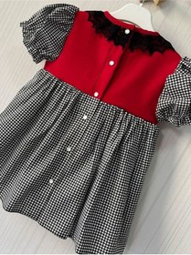 Resim Dantel Yaka Pötikare Kırmızı Siyah Kız Çocuk Bebek Elbise 001 