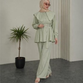 Resim Neşeli Butik kadın mint yeşili geniş kesim yaka detaylı kuşaklı ikili tesettür takım NBVQ3148 