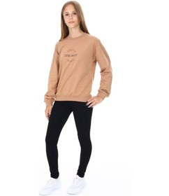 Resim Toontoy Kids Toontoy Kız Çocuk 2'li Takım Baskılı Bisiklet Yaka Düşük Omuz Sweatshirt & Basic Düz Tayt Kahverengi 
