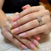Resim 24pcs Colorful French Tip Fake Nails, Simple Fashion Press On Nails With French Edge Design, Glossy Pink Glue On Nails Full Cover Medium Square False Nails For Women And Girls Daily Wear 
