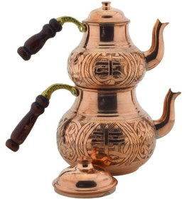 Resim El Işlemeli Desenli Ahşap Saplı Bakır Çaydanlık Mod23 