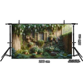 Resim Venspor Rustik Bahçe ve Pencereli Kuş Evi Temalı Arkaplan 200x150cm Fon Duvar Örtüsü 