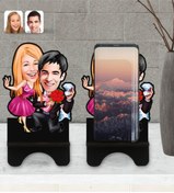 Resim Bk Gift Kişiye Özel Sevgililer Karikatürlü Ahşap Biblo Telefon Standı-9 
