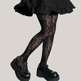 Resim 1/2 Çift Kadınlar için Şeffaf Dantel Tayt - Siyah Çiçek Deseni, Naylon-Elastane Karışımı, 90g/m², Elde Yıkan, Ruffled Hem Etek ve Kalın Topuklu Ayakkabılarla Çok Yönlü Yıl Boyu Giyim, Dantel Etek, Moda Aksesuarı, Zarif Tarz, Dayanıklı Kumaş 