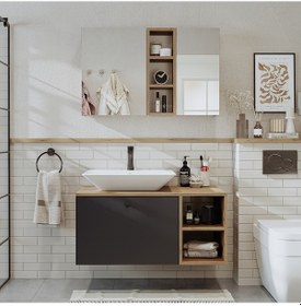 Resim Lotus Lavabolu Mdf 95 Cm Çekmeceli Banyo Dolabı + Aynalı Dolap Atlantik Çam - Beyaz 